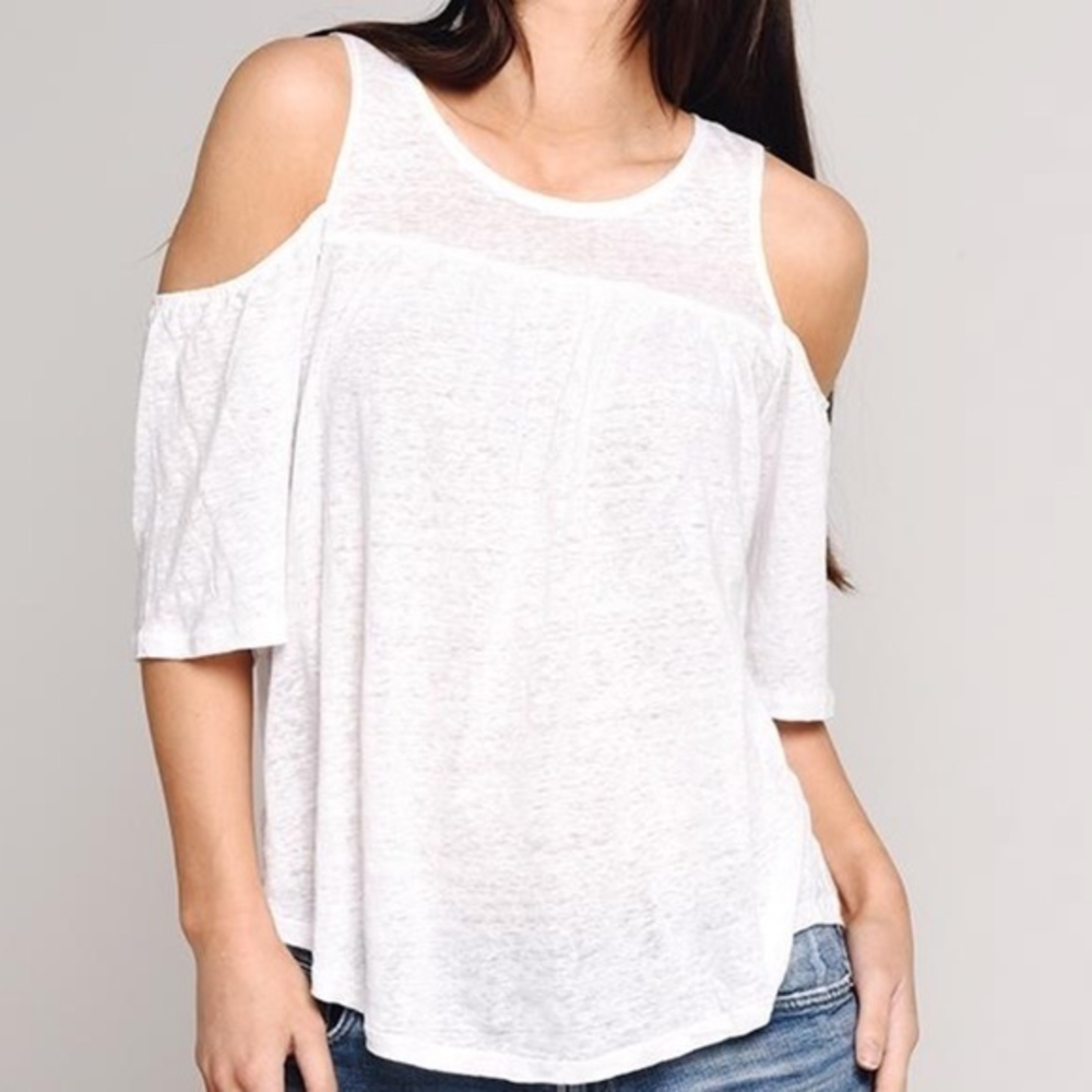 BB Dakota‎ White Cold Shoulder Lace Up Back Tassel Linen Blend Top Medium